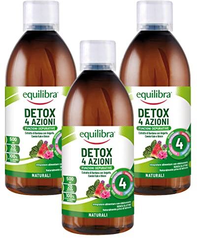 Equilibra Integratori Alimentari, Detox 4 Azioni, Integratore Depurativo, Drenante, Favorisce la Digestione, da Diluire, Gusto Frutta, Con Bardana, Ibisco, Cavolo Kale, Anguria, 3 Pezzi da 500 ml