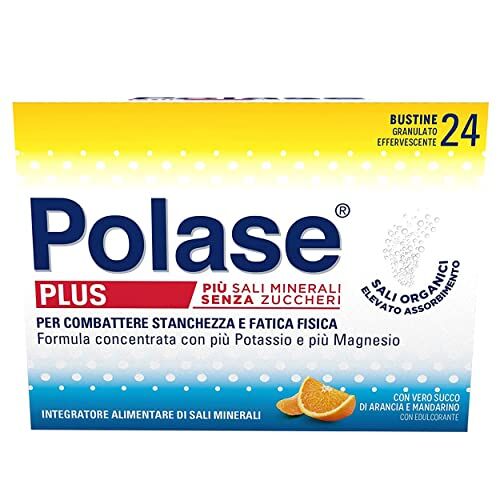 Polase Plus Magnesio e Potassio, Integratore Alimentare Sali Minerali Contro Stanchezza e Fatica, Caldo, Gusto Arancia e Mandarino, Confezione da 24 Bustine