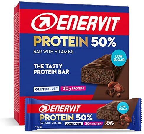 Enervit Protein Bar 50% Dark Choco, Barrette Proteiche , 20 Grammi di Proteine, Barrette con Vitamina D e Vitamina B6, Gusto Cioccolato Fondente, Senza Glutine, Low Sugar, 12 Barrette da 40g