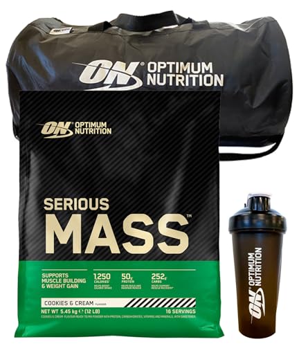 Optimum Nutrition Serious Mass Proteine Whey in Polvere Integratore Calorico per Sviluppo Muscolare e Aumento Massa Gusto Biscotti e Panna 16 Porzioni 5,45Kg + Shaker