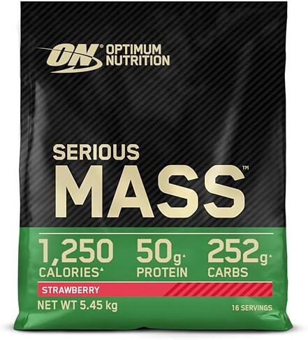 Optimum Nutrition Serious Mass Proteine in Polvere ad Alto Contenuto Calorico per Aumentare il Peso, con 25 Vitamine e Minerali, Creatina Monoidrato e Glutammina, Gusto Fragola, 16 Dosi, 5,45 kg