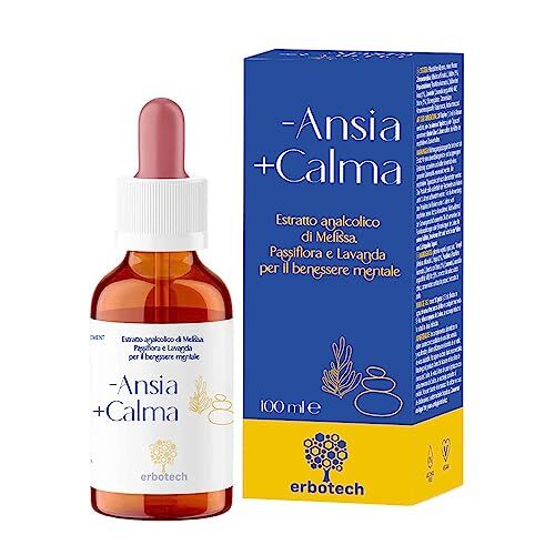 Erbotech , Tintura Madre Mix -Ansia Calma+, Analcolica, in Gocce da Diluire, Combatte Ansia e Stress e aumenta benessere mentale, con Melissa, Lavanda e Passiflora, Vegan, non OGM, Made in Italy, 100ml