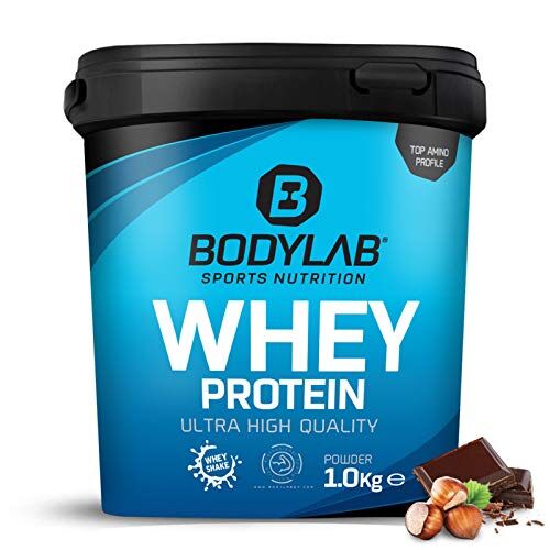 Bodylab24 Whey Protein Powder Nocciola-Cacao 1kg, proteine per muscoli più forti, whey può promuovere la costruzione dei muscoli, con 80% di proteine, senza aspartamee