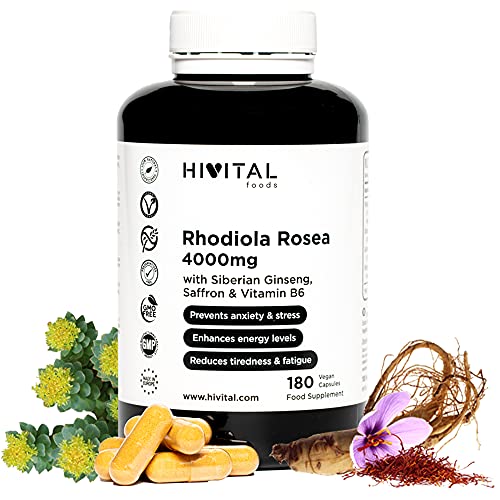 HIVITAL foods Rhodiola Rosea 4000 mg. 180 capsule vegane. Previene l'ansia e lo stress e riduce la stanchezza e l'affaticamento. Con estratti di Rhodiola Rosea, Ginseng Siberiano, Zafferano e Vitamina B6