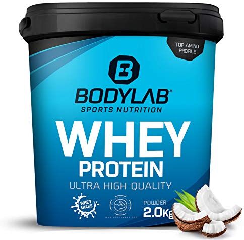 Bodylab24 Whey Protein Powder Noce di Cocco 2kg, proteine per muscoli più forti, whey può promuovere la costruzione dei muscoli, con 80% di proteine, senza aspartamee