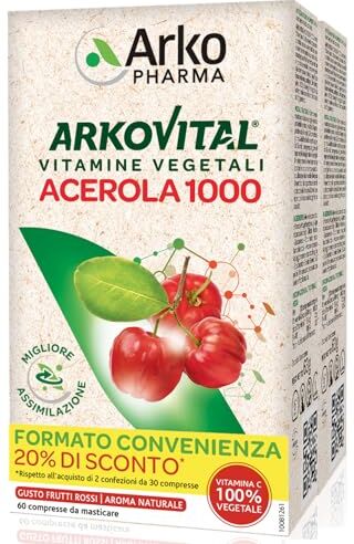 Arkopharma Arkovital Acerola 1000 Integratore Alimentare con Vitamina C 100% Origine Vegetale 1 Confezione da 60 Compresse Per tutta la Famiglia