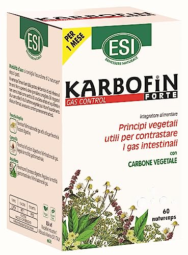 ESI Karbofin Forte, Integratore Alimentare in Capsule a Base di Carbone Vegetale, Favorisce l’Eliminazione dei Gas Intestinali, Senza Glutine e Vegan, 60 Naturcaps