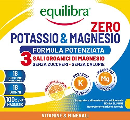 Equilibra Integratori Alimentari, Potassio e Magnesio Zero 3 Formula Potenziata, Integratore Magnesio e Potassio Senza Zucchero e Calorie, Reintegro Sali Minerali, Gusto Arancia Limone, 18 Bustine