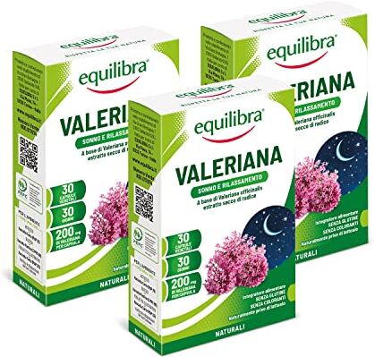 Equilibra Integratori Alimentari, Valeriana, Integratore per Favorire il Sonno e il Rilassamento in Caso di Stress, da Assumere Prima di Dormire, 3 Pezzi da 30 Capsule