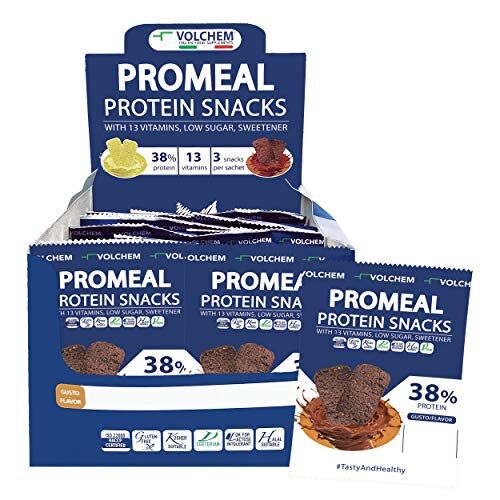 Volchem Promeal Protein Snacks 38, Snack Proteico al 38% di Proteine, con Vitamine, Senza Grassi Idrogenati, Conservanti e con Pochi Zuccheri, Scatola da 16 Bustine, Gusto Cacao, 600 g