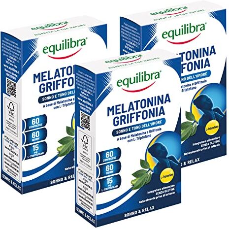 Equilibra Integratori Alimentari, Melatonina + Griffonia, Integratore a Base di Melatonina e Griffonia, Contribuisce a Ridurre Tempo di Addormentamento, Favorisce Rilassamento, 3 Pezzi da 60 Compresse