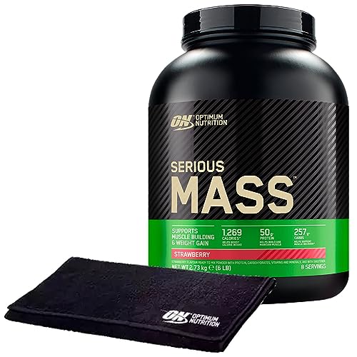 Optimum Nutrition Serious Mass Proteine Whey in Polvere Integratore Calorico per Sviluppo Muscolare e Aumento Massa Gusto Fragola 8 Porzioni 2,73Kg + ASCIUGAMANO