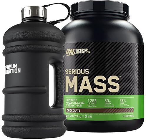 Optimum Nutrition Serious Mass Proteine in Polvere per Sviluppo Massa Muscolare con Creatina Vitamine Glutammina e Minerali ad Alto Contenuto Calorico Cioccolato 8 Dosi 2,73Kg + BORRACCIA GRANDE