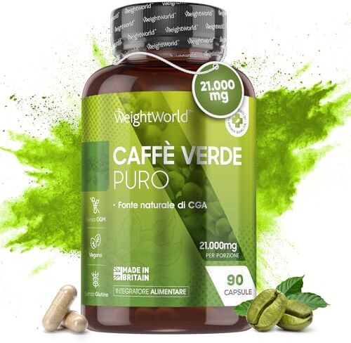 WeightWorld Caffè Verde Vegano in Capsule 21.000mg Alto Dosaggio, Dietetico e Ricco di Polifenoli, Estratto Di Caffe Verde 50:1 Qualità Arabica, Fonte CGA, Omega 3, 6, Vitamine B, Minerali, 90 Caffè Verde Capsule