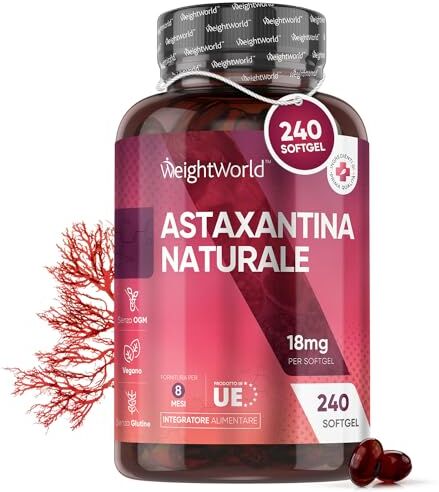 WeightWorld Astaxantina 18mg per 1 Softgel Vegan, 240 Astaxantina Capsule Softgel (Scorta 8 Mesi), Astaxantina Pura Senza Magnesio Stearato, Fonte di Alga Haematococcus Pluvialis, Natural Astaxantina Senza OGM