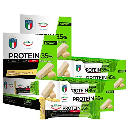 Equilibra 48x  Integratore per lo Sport Protein 35% Barretta Proteica al Cioccolato Bianco con Vitamina C e Vitamina B1 Senza Olio di Palma 6 Barrette da 45g