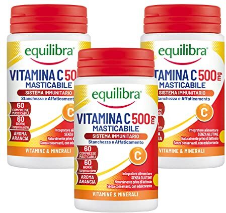 Equilibra Integratori Alimentari, Vitamina C 500 mg, Integratore per la Normale Funzione del Sistema Immunitario, Riduce Stanchezza e Affaticamento, Aroma Arancia, 3 Pezzi da 60 Compresse Masticabili