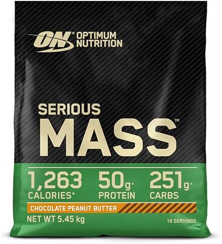 Optimum Nutrition Serious Mass Proteine in Polvere, Alto Contenuto Calorico, Aumento Peso, 25 Vitamine e Minerali, Creatina Monoidrato e Glutammina, al Cioccolato e Burro di Arachidi, 16 Dosi, 5,45 kg