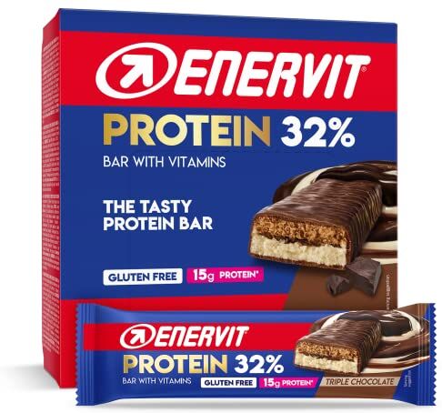 Enervit , Protein 32% Triple Chocolate, Barrette Proteiche , 15 Grammi di Proteine Barrette con Vitamina D e Vitamina B6, Gusto Triplo Cioccolato, Senza Glutine, 12 Barrette da 48g