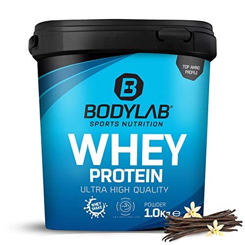 Bodylab24 Whey Protein Powder Vaniglia Bourbon 1kg, proteine per muscoli più forti, whey può promuovere la costruzione dei muscoli, con 80% di proteine, senza aspartamee