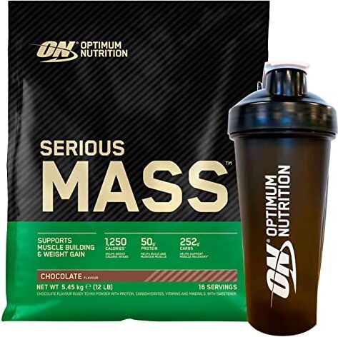 Optimum Nutrition Serious Mass Gainer Proteine Whey in Polvere per Aumentare la Massa Muscolare con Creatina Glutammina e Vitamine Cioccolato 5,45kg 16 Porzioni + SHAKER