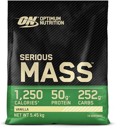 Optimum Nutrition Serious Mass Proteine in Polvere ad Alto Contenuto Calorico per Aumentare il Peso, con 25 Vitamine e Minerali, Creatina Monoidrato e Glutammina, Gusto Vaniglia, 16 Dosi, 5,45 kg