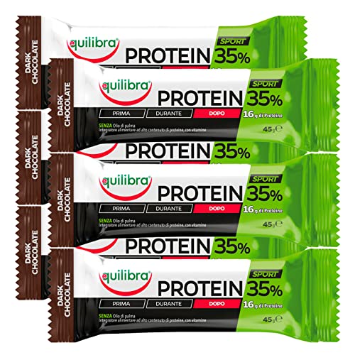 Equilibra 6x  Integratore per lo Sport Protein 35% Barretta Proteica al Cioccolato Fondente con Vitamina C e Vitamina B1 Senza Olio di Palma 6 Barrette da 45g
