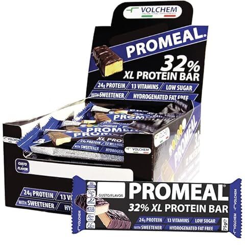 Volchem Promeal Protein 32 XL, Barretta Proteica al 32% di Proteine, con Vitamine, Senza Grassi Idrogenati, Conservanti e con Pochi Zuccheri, Scatola da 20 Barrette, Gusto Nocciola, 1500 g