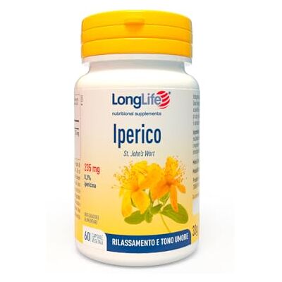 Longlife ® Iperico Integratore di iperico titolato al 0,3% in ipericina e al 2,1% in iperforina Umore e benessere mentale Azione rilassante 2 mesi di trattamento Senza glutine e vegano Longlife ® Iperico Integratore di iperico titolato al 0,3% in ipericina e al 2,1% in iperforina Umore e benessere mentale Azione rilassante 2 mesi di trattamento Senza glutine e vegano