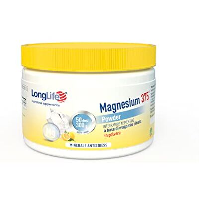 Longlife Magnesium 375® Powder Integratore di magnesio citrato in polvere Gusto limone Energia e benessere Vegano e senza glutine Longlife Magnesium 375® Powder Integratore di magnesio citrato in polvere Gusto limone Energia e benessere Vegano e senza glutine