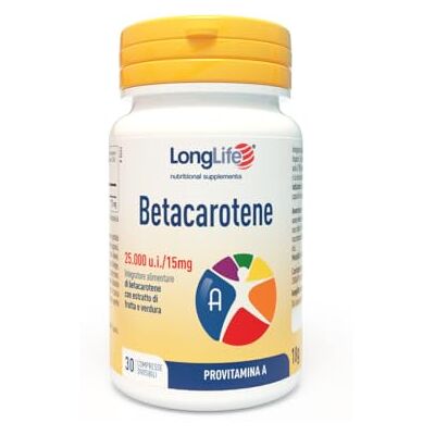 Longlife ® Betacarotene 25.000 u.i. Alto dosaggio Provitamina A Salute della pelle e benessere della vista Con estratto di frutta e verdura 2 mesi di trattamento Vegano e senza glutine Longlife ® Betacarotene 25.000 u.i. Alto dosaggio Provitamina A Salute della pelle e benessere della vista Con estratto di frutta e verdura 2 mesi di trattamento Vegano e senza glutine