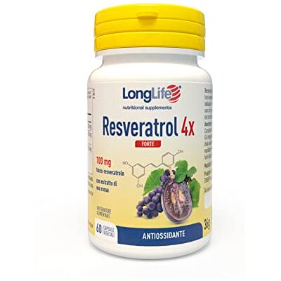 Longlife ® Resveratrol 4x Forte con Veri-te® Trans-resveratrolo con estratto di uva rossa Microcircolo e benessere cardiovascolare Azione antiossidante 60 capsule Vegano e senza glutine Longlife ® Resveratrol 4x Forte con Veri-te® Trans-resveratrolo con estratto di uva rossa Microcircolo e benessere cardiovascolare Azione antiossidante 60 capsule Vegano e senza glutine