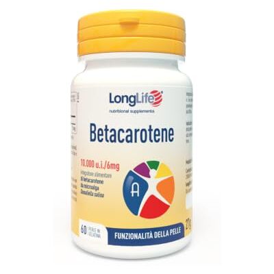 Longlife ® Betacarotene 10.000 Beta-carotene da Dunaliella salina Fonte naturale di provitamina A Benessere della pelle e della vista 2 mesi di trattamento Senza glutine e doping free Longlife ® Betacarotene 10.000 Beta-carotene da Dunaliella salina Fonte naturale di provitamina A Benessere della pelle e della vista 2 mesi di trattamento Senza glutine e doping free