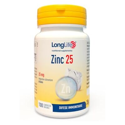 Longlife ® Zinc 25 Zinco ad elevata biodisponibilità Alto dosaggio 25mg per compressa Sistema immunitario Oltre 6 mesi di trattamento Vegano e senza glutine Longlife ® Zinc 25 Zinco ad elevata biodisponibilità Alto dosaggio 25mg per compressa Sistema immunitario Oltre 6 mesi di trattamento Vegano e senza glutine