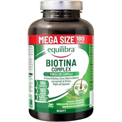 Equilibra Biotina Altodosata 450mcg, per Capelli e Unghie, 180 Capsule con Zinco, Rame, Selenio, Estratti di Ortica, Miglio, Equiseto, Vegan, Senza Glutine e Lattosio Equilibra Biotina Altodosata 450mcg, per Capelli e Unghie, 180 Capsule con Zinco, Rame, Selenio, Estratti di Ortica, Miglio, Equiseto, Vegan, Senza Glutine e Lattosio