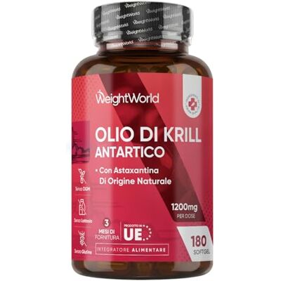 WeightWorld Olio di Krill con Astaxantina e Colina, 180 Capsule Softgel (3 Mesi di Fornitura), Omega 3 Krill Antartico 1200mg, Omega 3 EPA DHA, 180mg, da Fish Oil, Astaxanthin da Fonte Naturale, Senza Glutine WeightWorld Olio di Krill con Astaxantina e Colina, 180 Capsule Softgel (3 Mesi di Fornitura), Omega 3 Krill Antartico 1200mg, Omega 3 EPA DHA, 180mg, da Fish Oil, Astaxanthin da Fonte Naturale, Senza Glutine