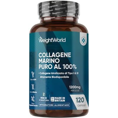 WeightWorld Collagene Marino Idrolizzato da 1200mg per Dose, 100% Puro, in 120 Capsule, Peptidi di Collagene Idrolizzato di Tipo 1 e 3 (2 Mesi di Scorta), Privo di Magnesio Stearato e Senza Glutine né Additivi WeightWorld Collagene Marino Idrolizzato da 1200mg per Dose, 100% Puro, in 120 Capsule, Peptidi di Collagene Idrolizzato di Tipo 1 e 3 (2 Mesi di Scorta), Privo di Magnesio Stearato e Senza Glutine né Additivi