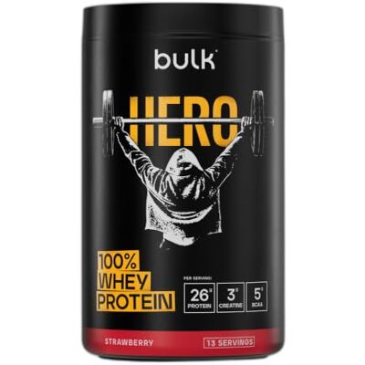 Bulk Hero Whey Protein Powder Strawberry 13 Servings 26g Protein + 3g Creatine 5g BCAAs Low Sugar Fast Absorption Isolate, Hydrolysed & Concentrate Blend Bulk Hero Whey Protein Powder Strawberry 13 Servings 26g Protein + 3g Creatine 5g BCAAs Low Sugar Fast Absorption Isolate, Hydrolysed & Concentrate Blend