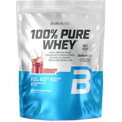 BioTechUSA 100% Pure Whey proteine del siero da concentrato e isolato Con BCAA e L-glutammina enzimi bromelina Basso contenuto di zucchero 900 g, Fragola BioTechUSA 100% Pure Whey proteine del siero da concentrato e isolato Con BCAA e L-glutammina enzimi bromelina Basso contenuto di zucchero 900 g, Fragola