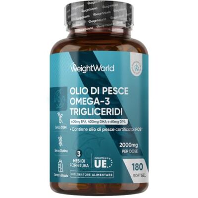 WeightWorld Omega 3 2000mg Trigliceridi Certificato IFOS, 600mg EPA, 400mg DHA 60mg DPA, Olio di Pesce, No OGM, Integratore Omega3 Fish Oil, EPA e DHA Contribuiscono alla Normale Funzione del Cuore (EFSA) WeightWorld Omega 3 2000mg Trigliceridi Certificato IFOS, 600mg EPA, 400mg DHA 60mg DPA, Olio di Pesce, No OGM, Integratore Omega3 Fish Oil, EPA e DHA Contribuiscono alla Normale Funzione del Cuore (EFSA)