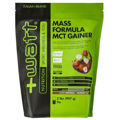 +Watt MASS FORMULA MCT Gainer Supporto nutrizionale avanzato per la crescita muscolare 2 lbs (907 g) Gusto Nocciola +Watt MASS FORMULA MCT Gainer Supporto nutrizionale avanzato per la crescita muscolare 2 lbs (907 g) Gusto Nocciola