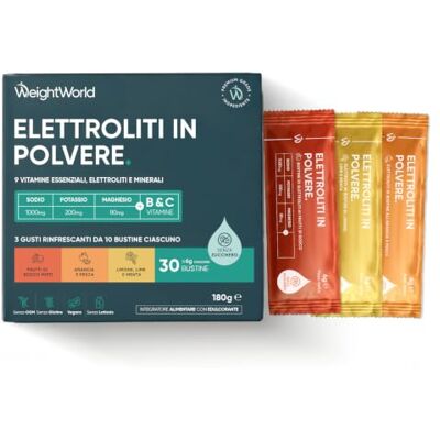 WeightWorld Elettroliti Vegani, Bustine con Magnesio e Potassio, Sodio Integratore Multivitaminico con Minerali, Electrolytes Senza Zuccheri, 5kcal, Elettroliti Integratore in 3 Gusti, 30 Bustine, 1 al Giorno WeightWorld Elettroliti Vegani, Bustine con Magnesio e Potassio, Sodio Integratore Multivitaminico con Minerali, Electrolytes Senza Zuccheri, 5kcal, Elettroliti Integratore in 3 Gusti, 30 Bustine, 1 al Giorno