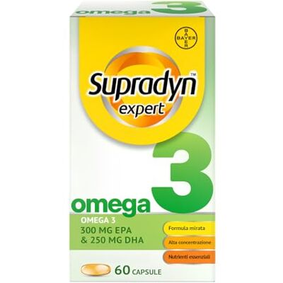 Supradyn Omega 3, Olio di Pesce 1000 mg, EPA e DHA, Vitamina E, 60 Capsule EPA 300 mg + DHA 250 mg, Omega-3 600 mg per Capsula, Olio di Pesce Raffinato, Antiossidante, età 12+, Scorta 2 Mesi Supradyn Omega 3, Olio di Pesce 1000 mg, EPA e DHA, Vitamina E, 60 Capsule EPA 300 mg + DHA 250 mg, Omega-3 600 mg per Capsula, Olio di Pesce Raffinato, Antiossidante, età 12+, Scorta 2 Mesi