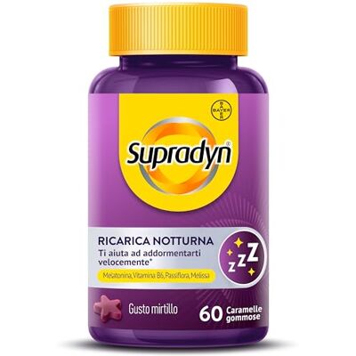 Supradyn Ricarica Notturna, Melatonina per dormire, 60 Caramelle Gommose Adulti, Passiflora, Melissa, Vit B6, Sonno e Jet Lag, 1/prima di Dormire, Gusto Mirtillo, No Zuccheri, No Glutine e Lattosio Supradyn Ricarica Notturna, Melatonina per dormire, 60 Caramelle Gommose Adulti, Passiflora, Melissa, Vit B6, Sonno e Jet Lag, 1/prima di Dormire, Gusto Mirtillo, No Zuccheri, No Glutine e Lattosio