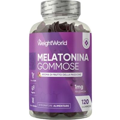 WeightWorld Melatonina Gommose, 120 Caramelle Vegane da 1mg (1 Sola la Sera), 4 Mesi Melatonina Complex con Vitamina B6 e Passiflora, Delizioso Aroma di Frutto della Passione, Senza Magnesio Stearato e Glutine WeightWorld Melatonina Gommose, 120 Caramelle Vegane da 1mg (1 Sola la Sera), 4 Mesi Melatonina Complex con Vitamina B6 e Passiflora, Delizioso Aroma di Frutto della Passione, Senza Magnesio Stearato e Glutine