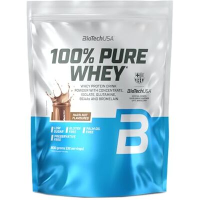 BioTechUSA 100% Pure Whey proteine del siero da concentrato e isolato Con BCAA e L-glutammina enzimi bromelina Basso contenuto di zucchero 900 g, Nocciola BioTechUSA 100% Pure Whey proteine del siero da concentrato e isolato Con BCAA e L-glutammina enzimi bromelina Basso contenuto di zucchero 900 g, Nocciola