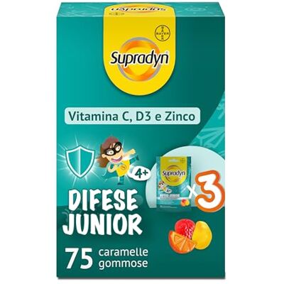 Supradyn Difese Junior, Multivitaminico Immunitarie Bambini, 75 Gommose Vitamina C, D3, Zinco, 4 Anni+, Gusti Arancia Fragola e Papaya, Masticabili, max 3 al Giorno, Senza Glutine e Lattosio Supradyn Difese Junior, Multivitaminico Immunitarie Bambini, 75 Gommose Vitamina C, D3, Zinco, 4 Anni+, Gusti Arancia Fragola e Papaya, Masticabili, max 3 al Giorno, Senza Glutine e Lattosio