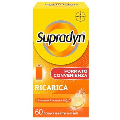 Supradyn Ricarica, Multivitaminico, Stanchezza, 60 cpr Effervescenti 13 Vitamine e 9 Minerali, Coenzima Q10, Integratore Uomo Donna, Gusto Arancia, Senza Glutine e Lattosio, Scorta 2 Mesi Supradyn Ricarica, Multivitaminico, Stanchezza, 60 cpr Effervescenti 13 Vitamine e 9 Minerali, Coenzima Q10, Integratore Uomo Donna, Gusto Arancia, Senza Glutine e Lattosio, Scorta 2 Mesi
