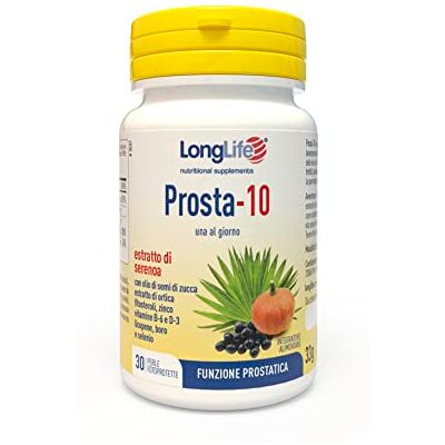 Longlife ® Prosta-10 Integratore di serenoa titolato all'85% in acidi grassi liberi Con estratti vegetali e vitamine Prostata e vie urinarie 1 mese di trattamento Senza glutine Longlife ® Prosta-10 Integratore di serenoa titolato all'85% in acidi grassi liberi Con estratti vegetali e vitamine Prostata e vie urinarie 1 mese di trattamento Senza glutine
