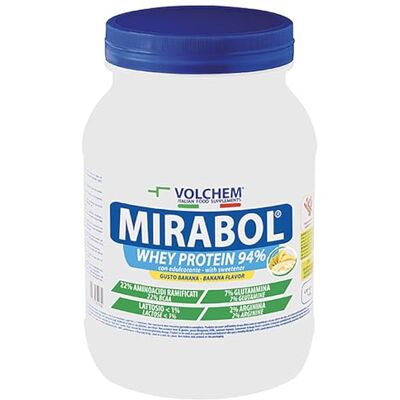 Volchem Mirabol Whey Protein 94, Integratore Alimentare con Proteine del Siero del Latte, 22% Aminoacidi Ramificati, con Arginina e Glutammina, Barattolo con Polvere Solubile, Gusto Banana, 750 g Volchem Mirabol Whey Protein 94, Integratore Alimentare con Proteine del Siero del Latte, 22% Aminoacidi Ramificati, con Arginina e Glutammina, Barattolo con Polvere Solubile, Gusto Banana, 750 g